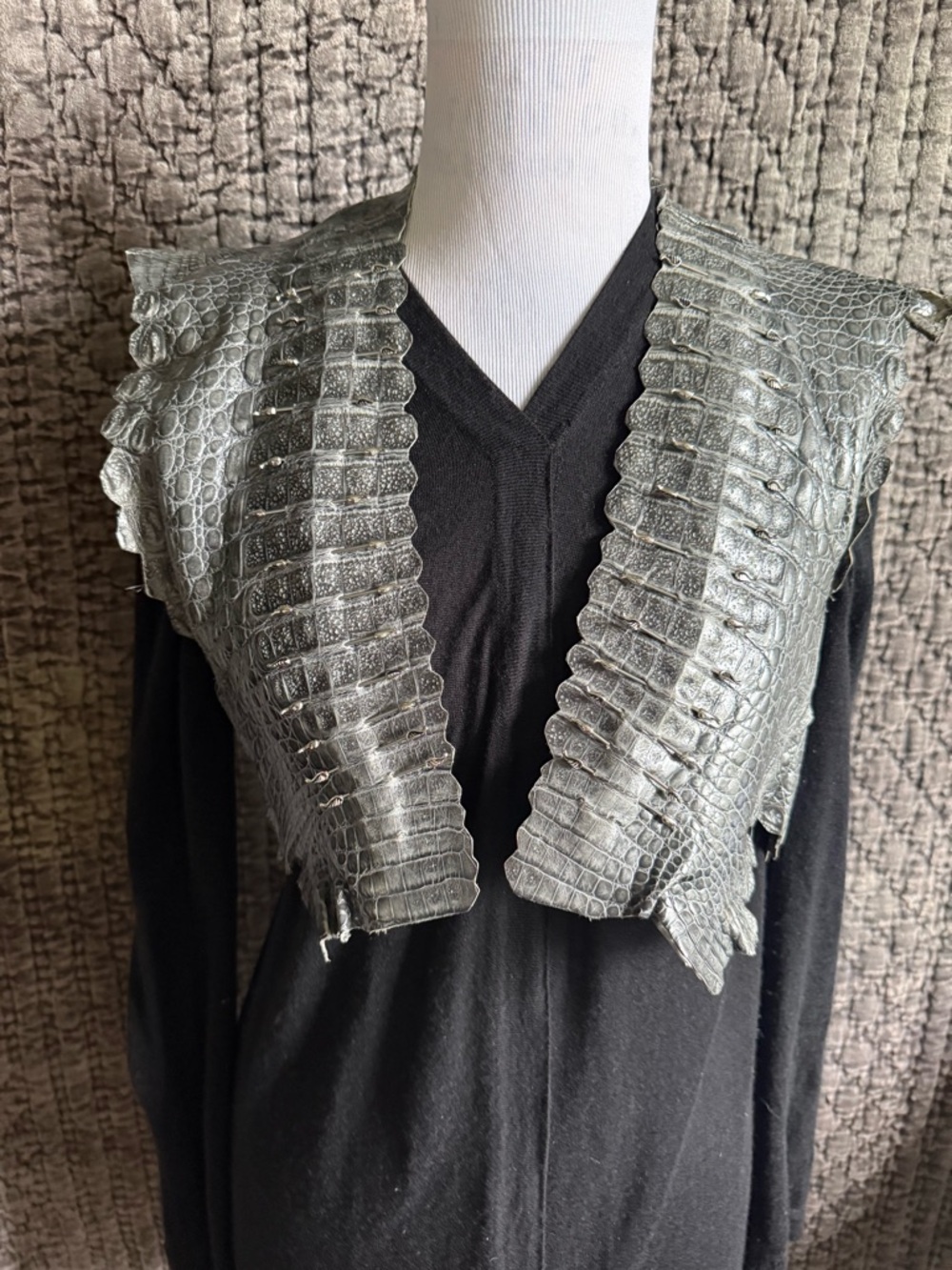 Real Crocodile Metallic Gray Shoulder Vest  with silver metal  wings.